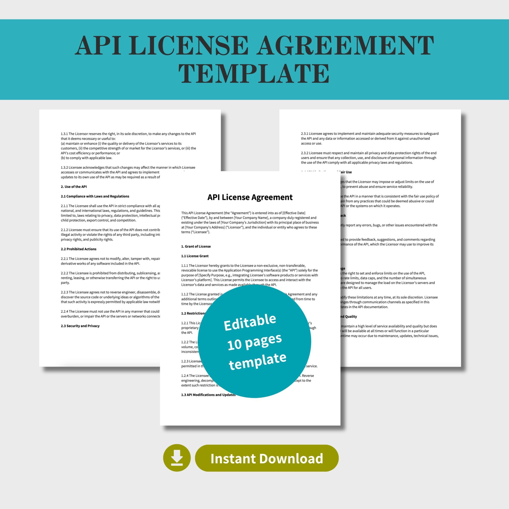 API License Agreement Template, Attorney-Written, Editable Instant Download