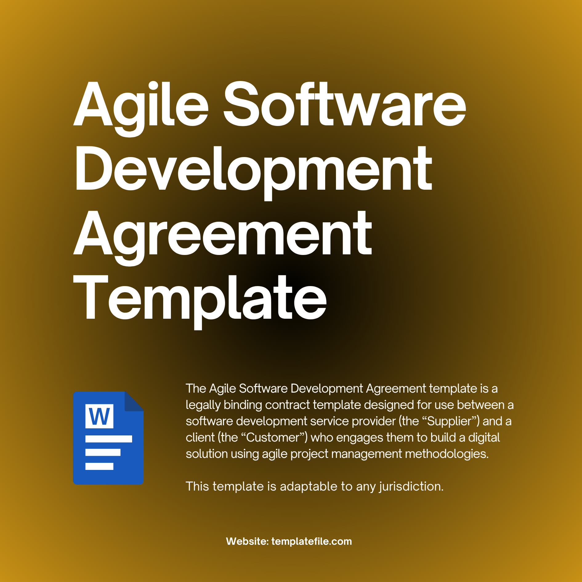 The Agile Software Development Agreement template - The Agile Software Development Agreement template is a legally binding contract template designed for use between a software development service provider (the “Supplier”) and a client (the “Customer”) who engages them to build a digital solution using agile project management methodologies. This template is adaptable to any jurisdiction.